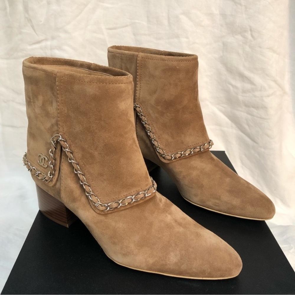 Brand new Chanel tan suede booties.